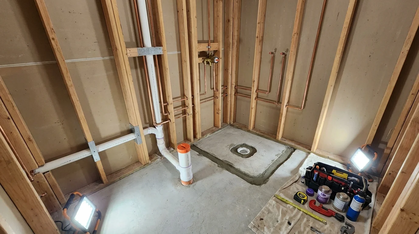 Bathroom rough-in plumbing during remodel by Johns Plumbing LLC in Forrest