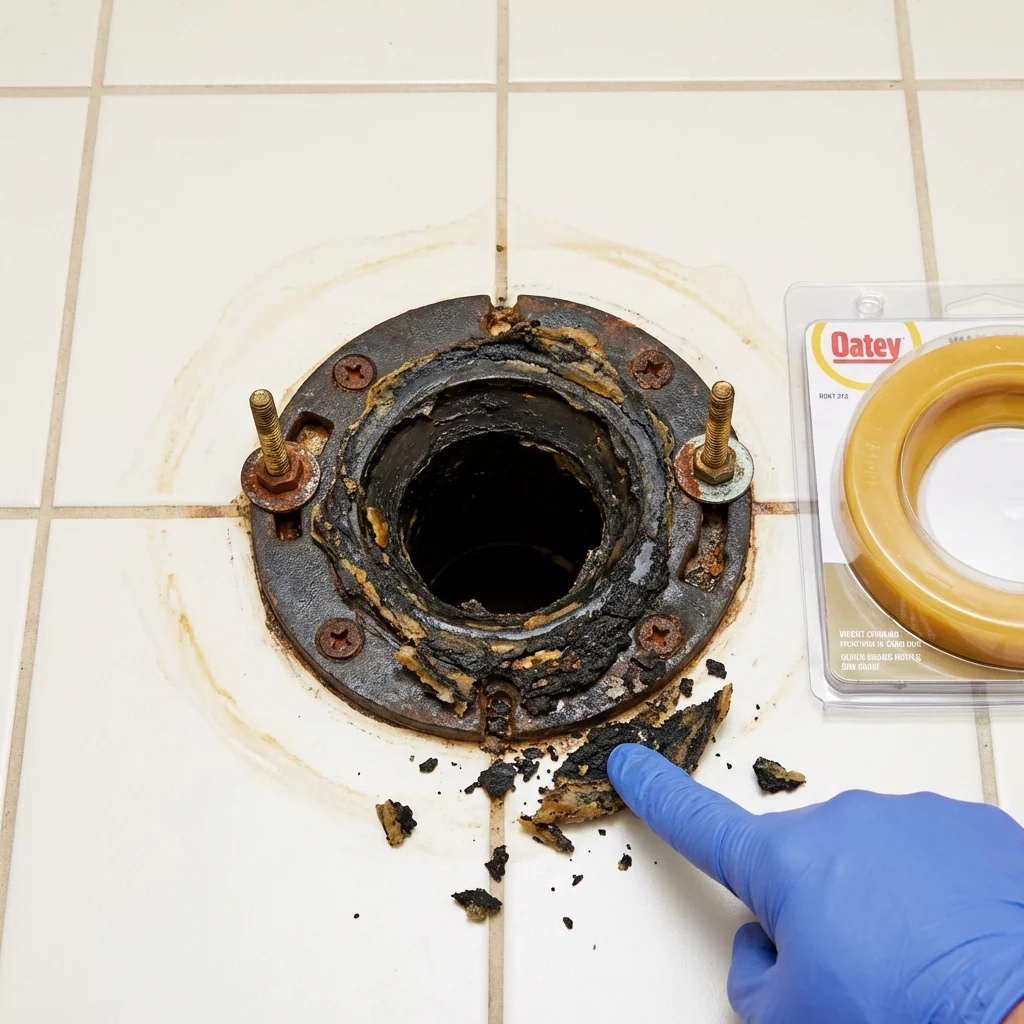Failed wax ring showing water seepage at the base of a toilet in a Forrest, IL home