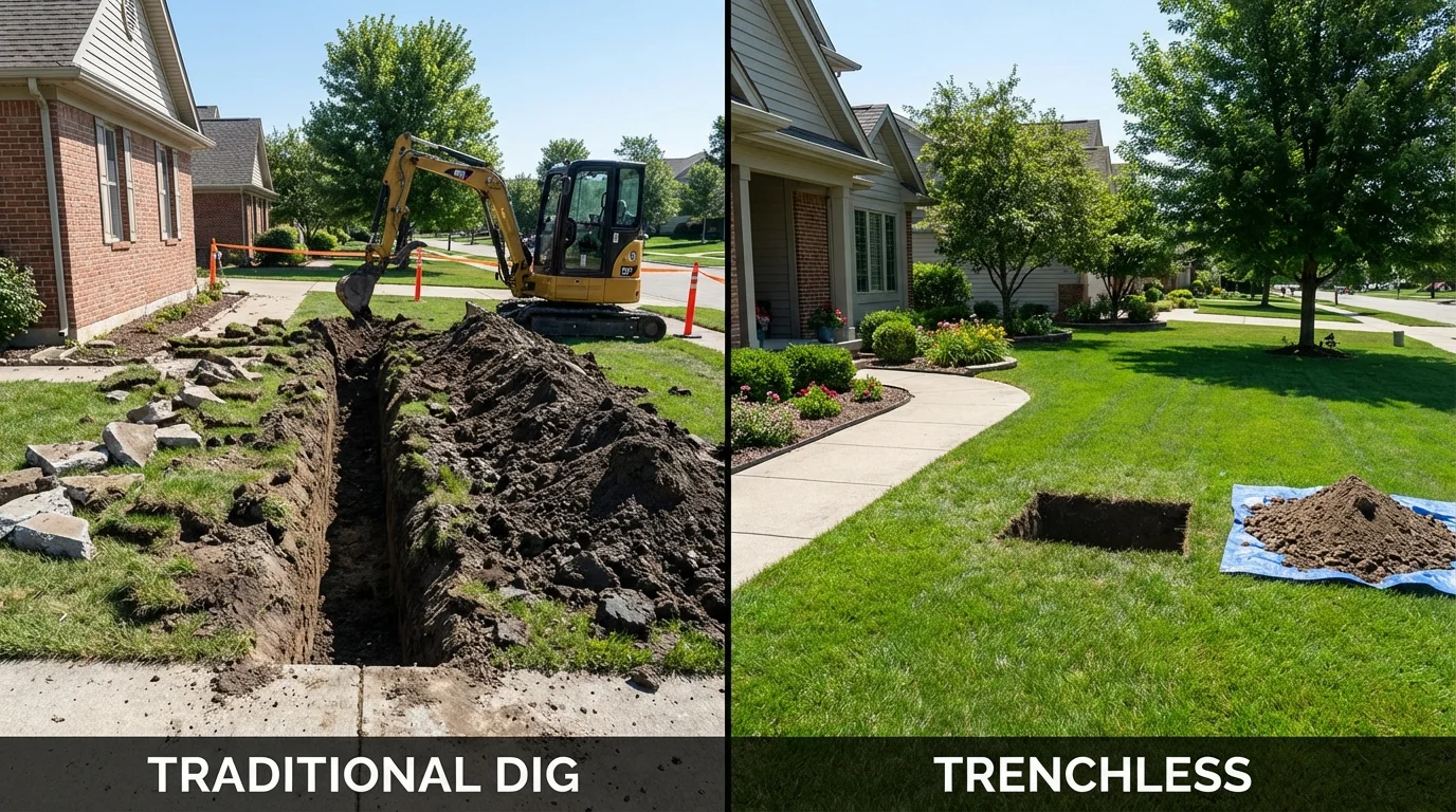 Trenchless sewer repair with minimal yard damage versus traditional excavation in Forrest, IL