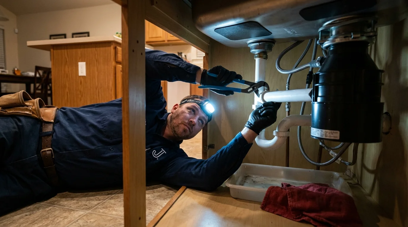 P-trap and supply line connections under a kitchen sink showing a common leak point in Forrest, IL